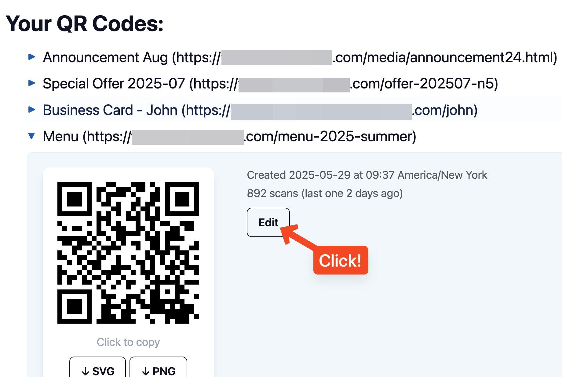 Dashboard showing QR codes list with Edit button highlighted
